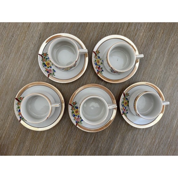 Antique Lusterware Demitasse Set Of 5, Japanese Hand-Painted - Picture 4 of 9